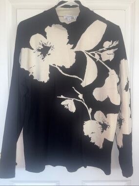 Chico's Black Sweater with Cream Floral Intarsia